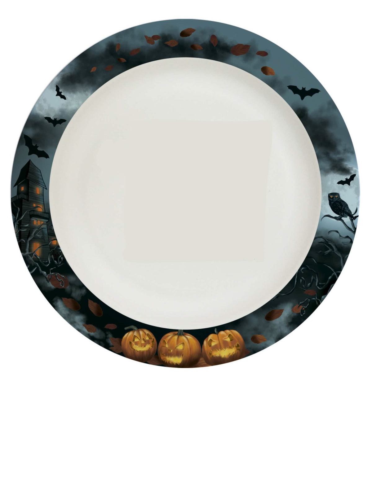 Papírové talíře strašidelné sídlo pro halloween s dýněmi a netopýři