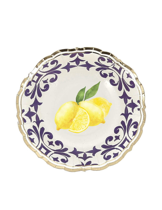 8 kartonových misek na citron v královské modré, žluté, bílé a zlaté 13,5 cm středomořským květinovým vzorem