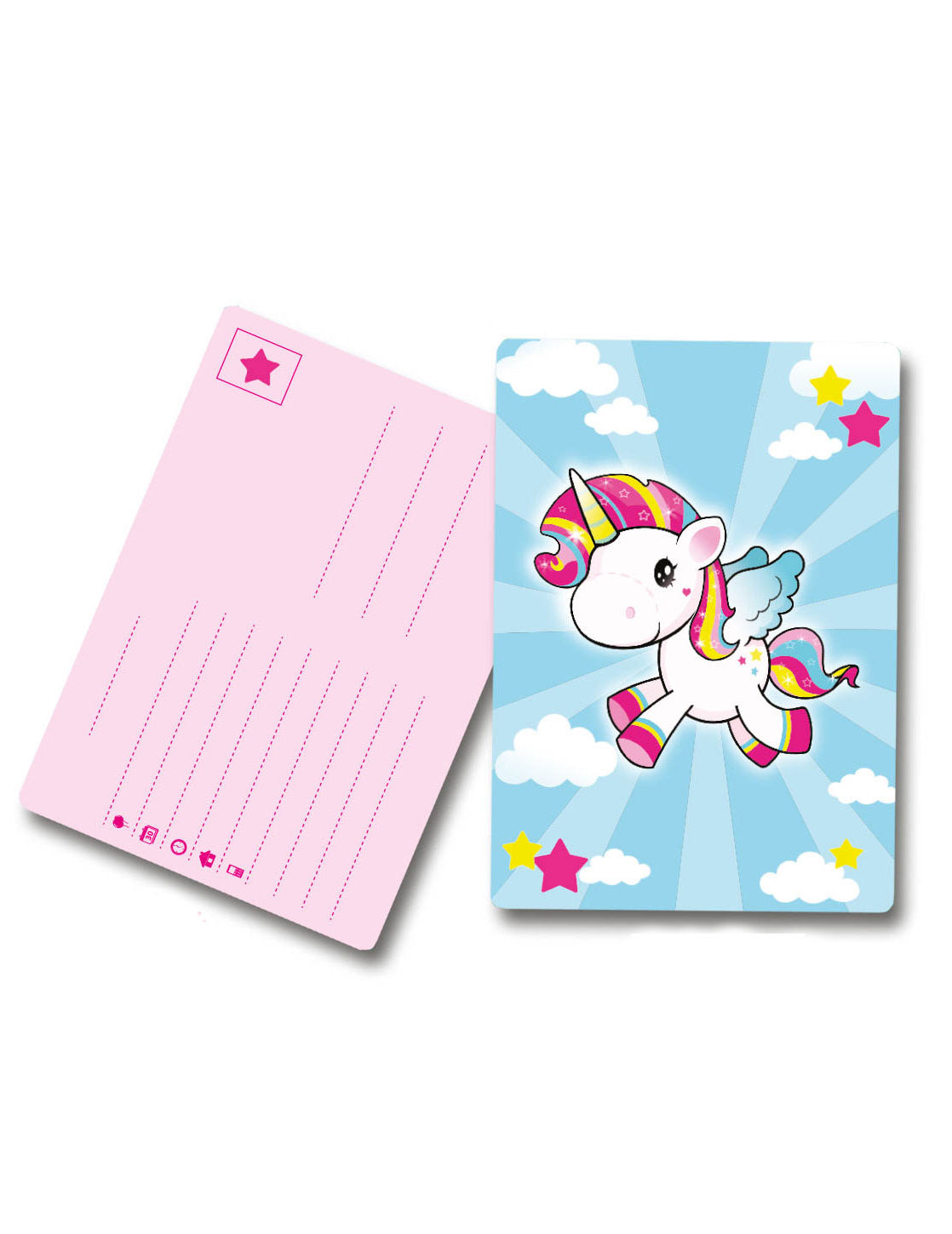 Cartes d'invitation Licorne pour enfant multicolores avec verso rose