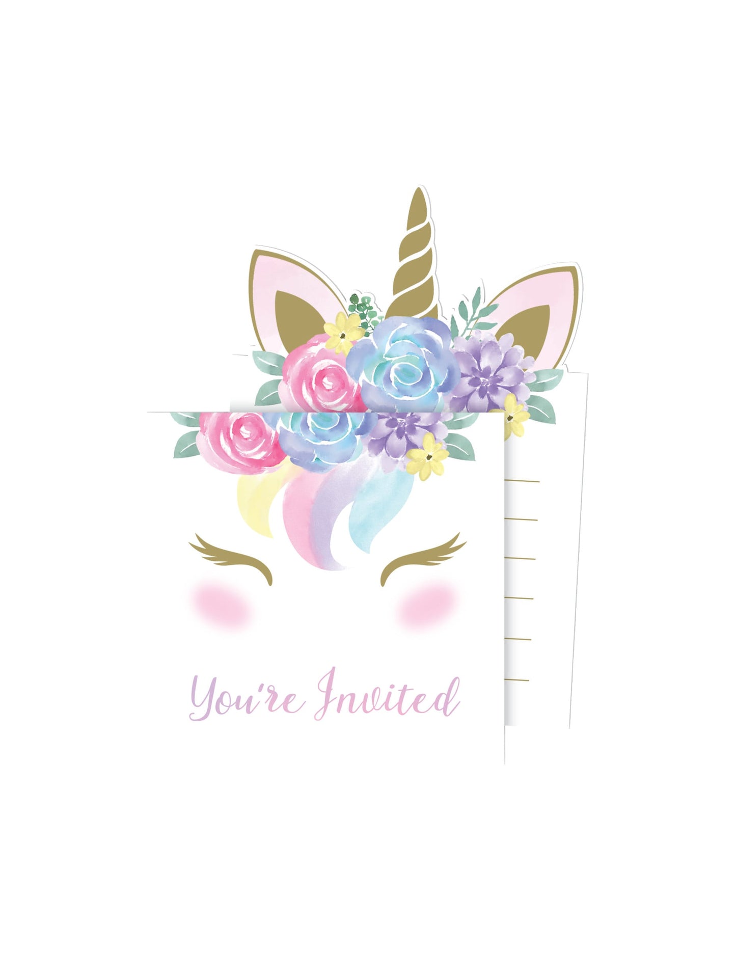 Cartons d'invitation avec enveloppes licorne féerique pour enfant aux couleurs pastel et fleurs