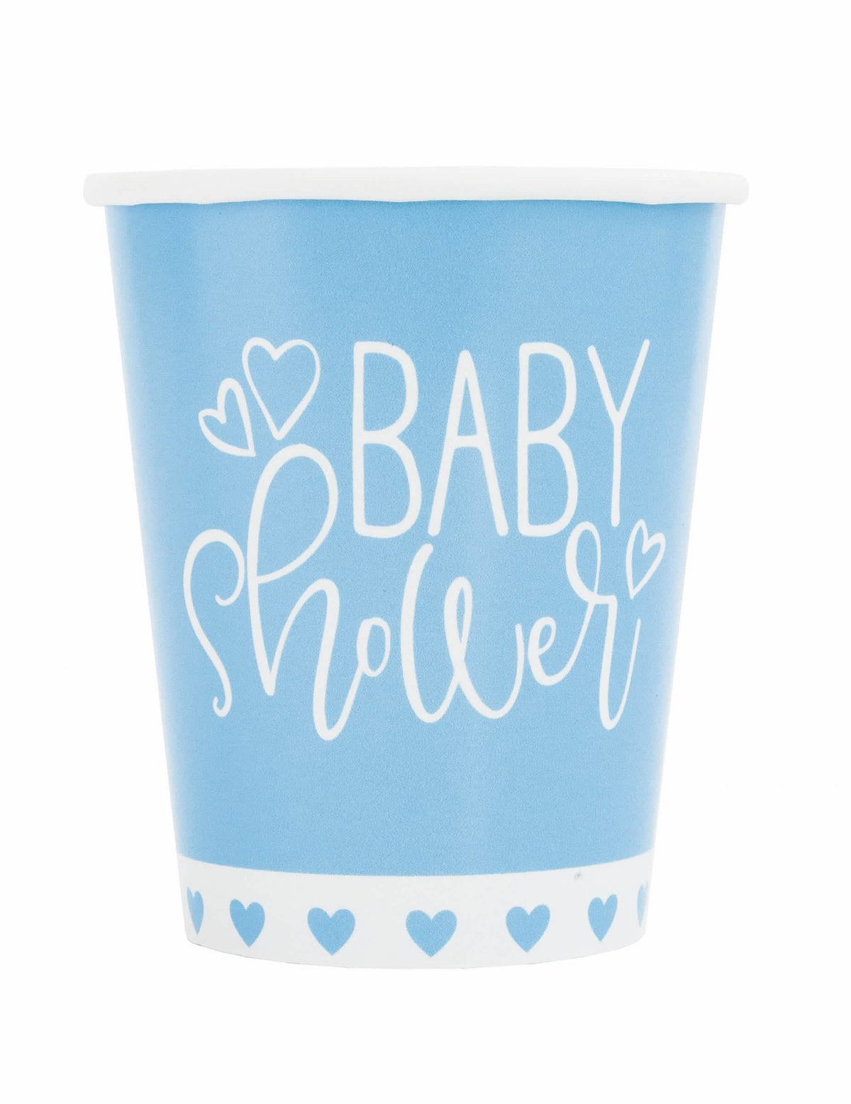 Papírové kelímky na baby shower modré a bílé s malými srdíčky
