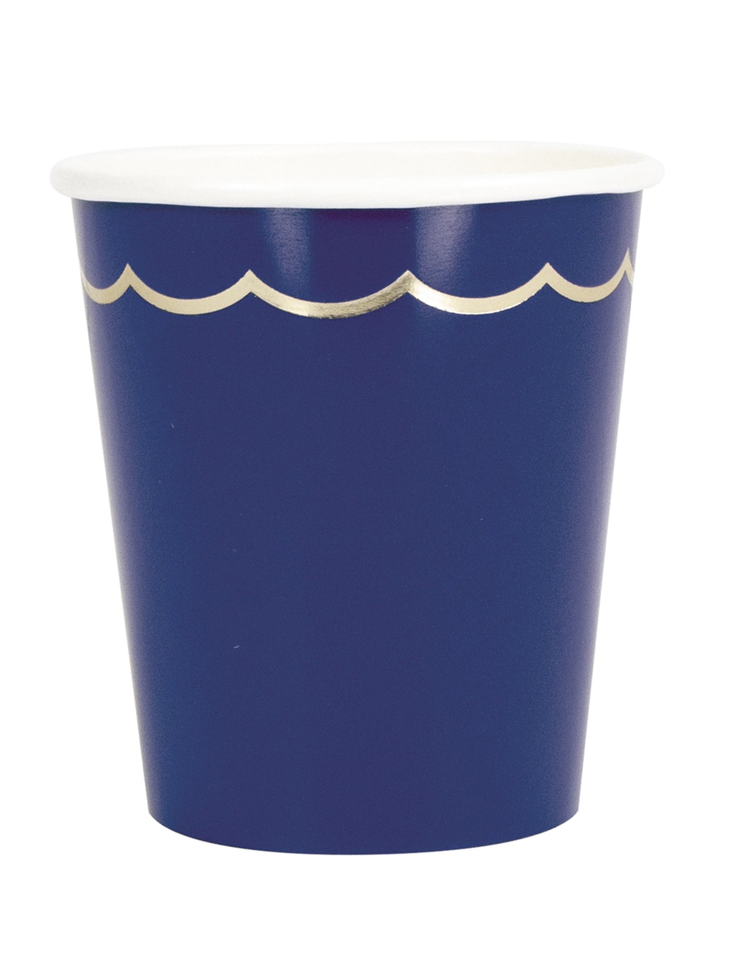 8 námořnicky modrých a zlatých vroubkovaných papírových kelímků 200 ml šik