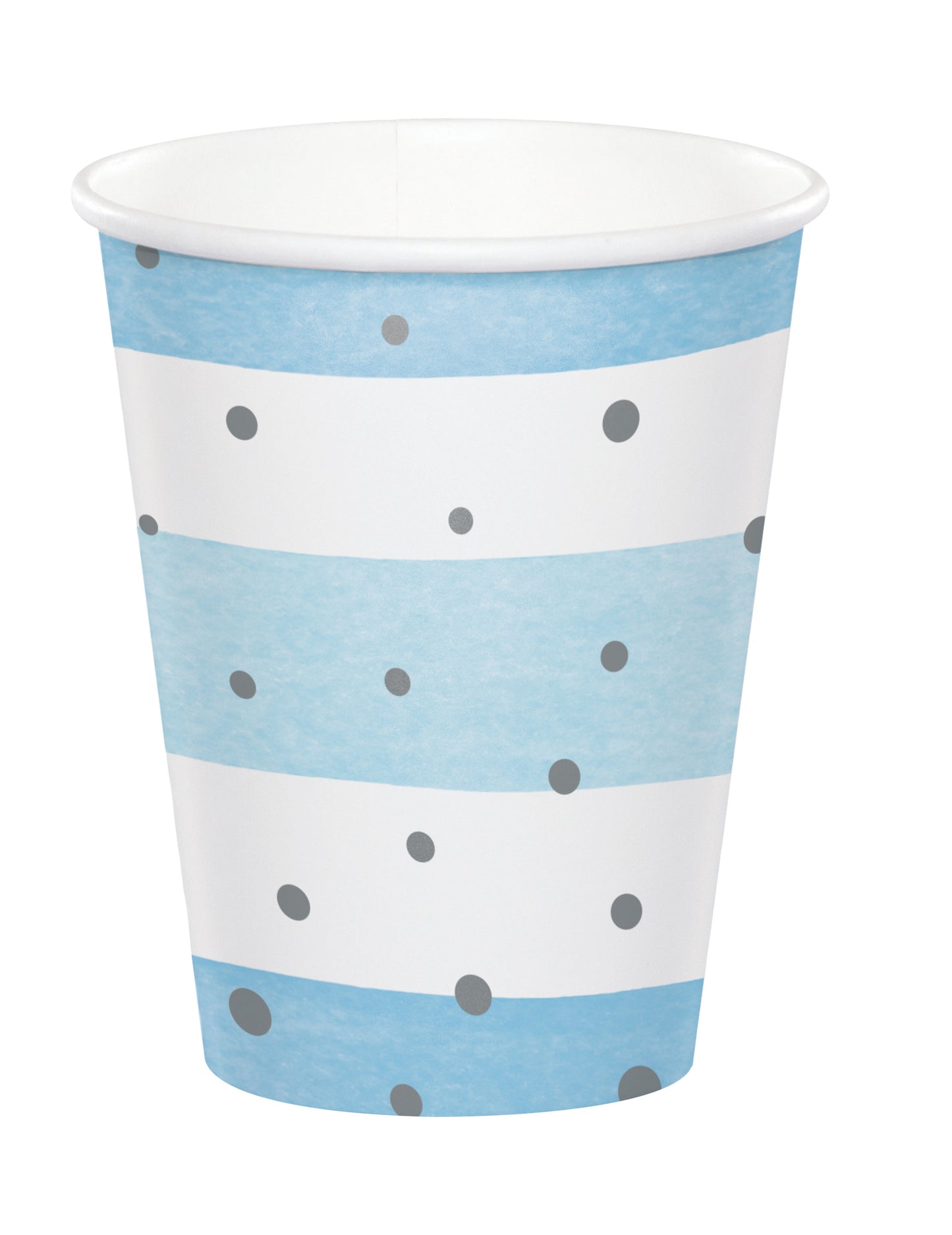 8 modrobílých papírových kelímků se stříbrnými puntíky 256 ml s proužky