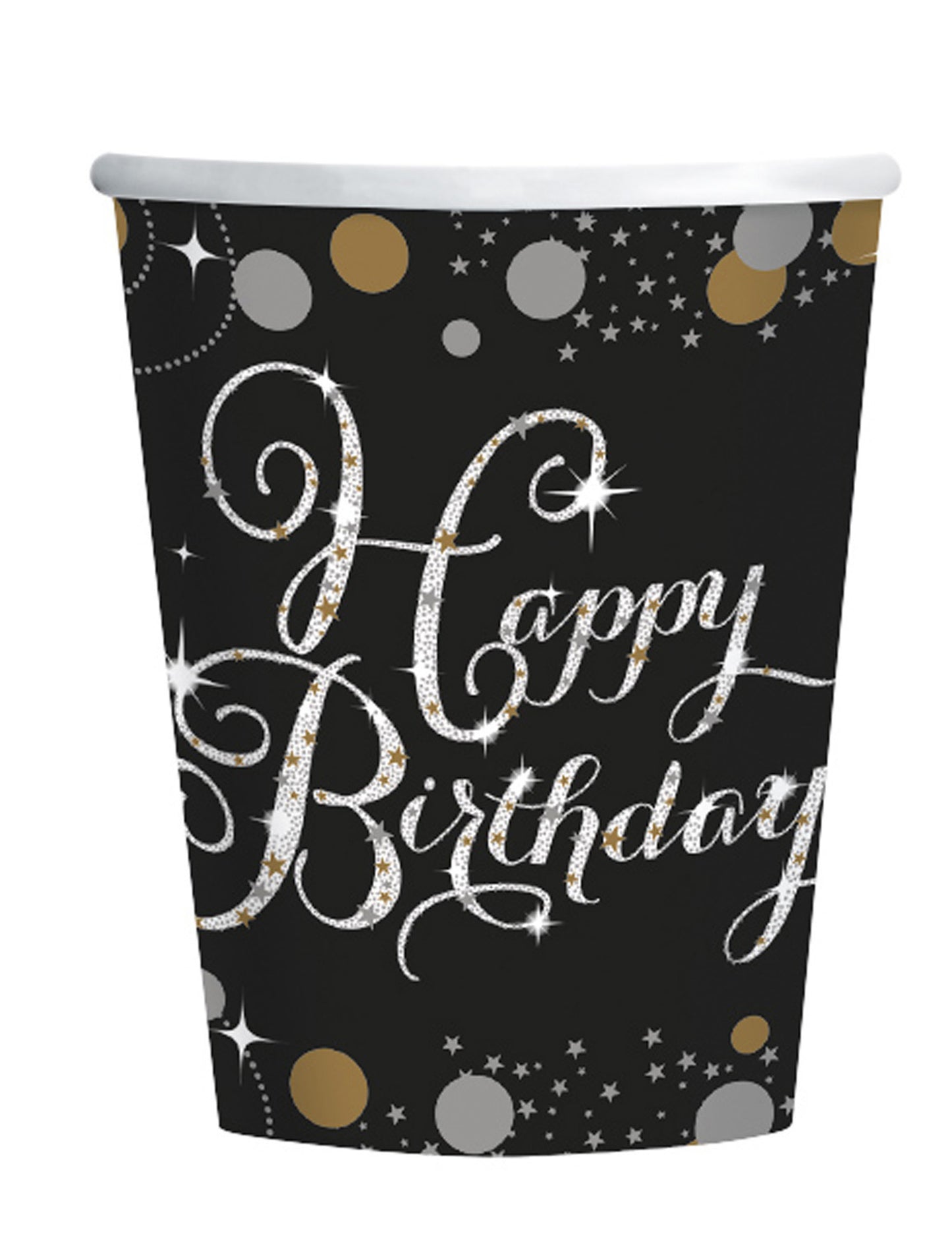 Gobelets en carton célébration étincelante happy birthday noir argent et or