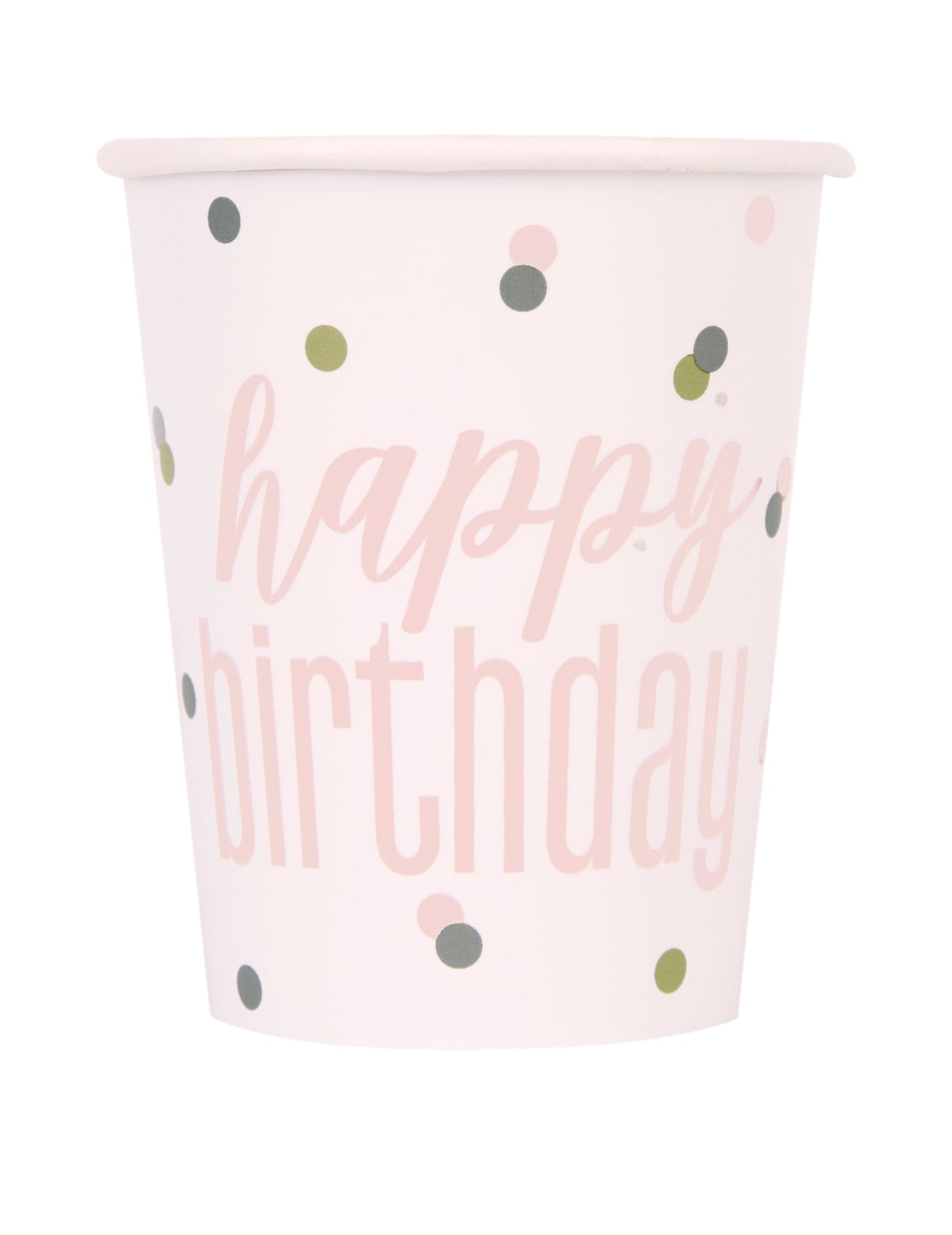 Gobelets en carton Happy Birthday pour anniversaire blancs et roses à pois