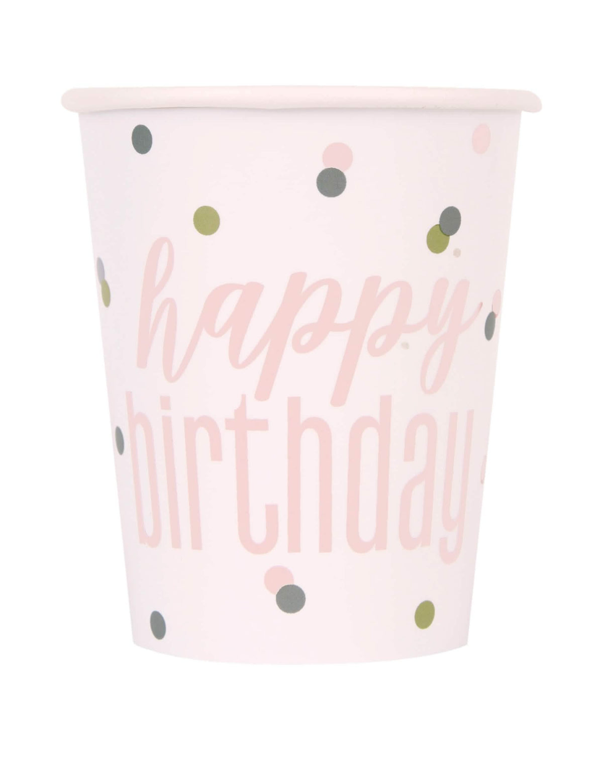 Gobelets en carton Happy Birthday pour anniversaire blancs et roses à pois