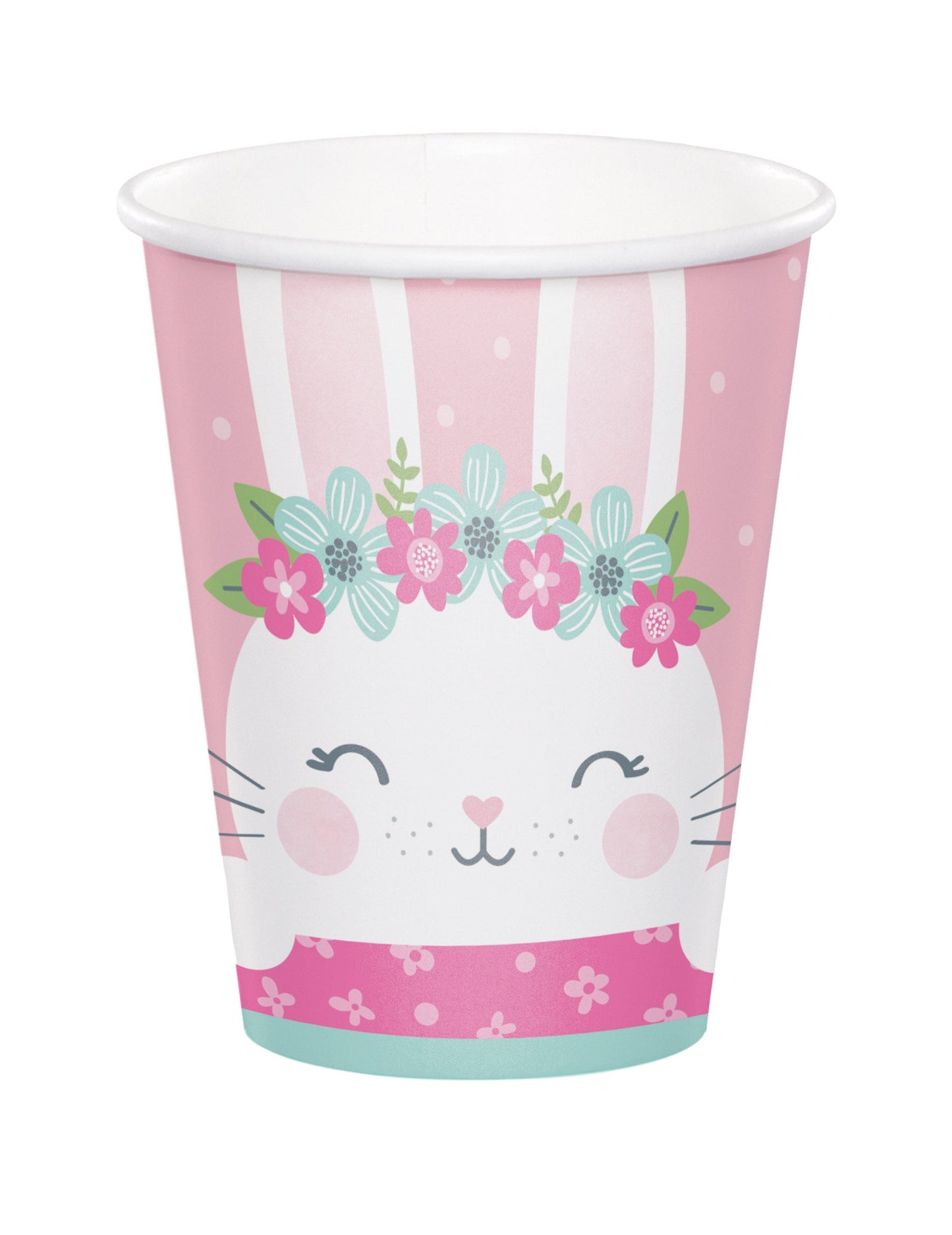 Gobelet en carton Petit Lapin rose avec couronne de fleurs