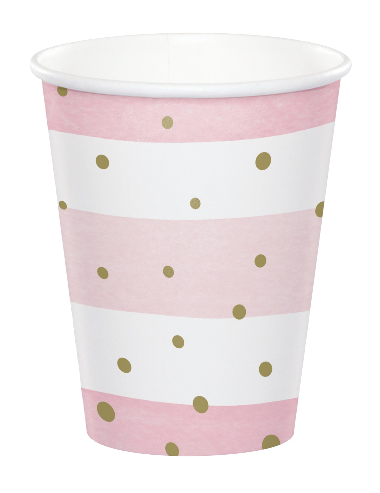 8 růžových a bílých papírových kelímků se zlatými puntíky 256 ml na miminko