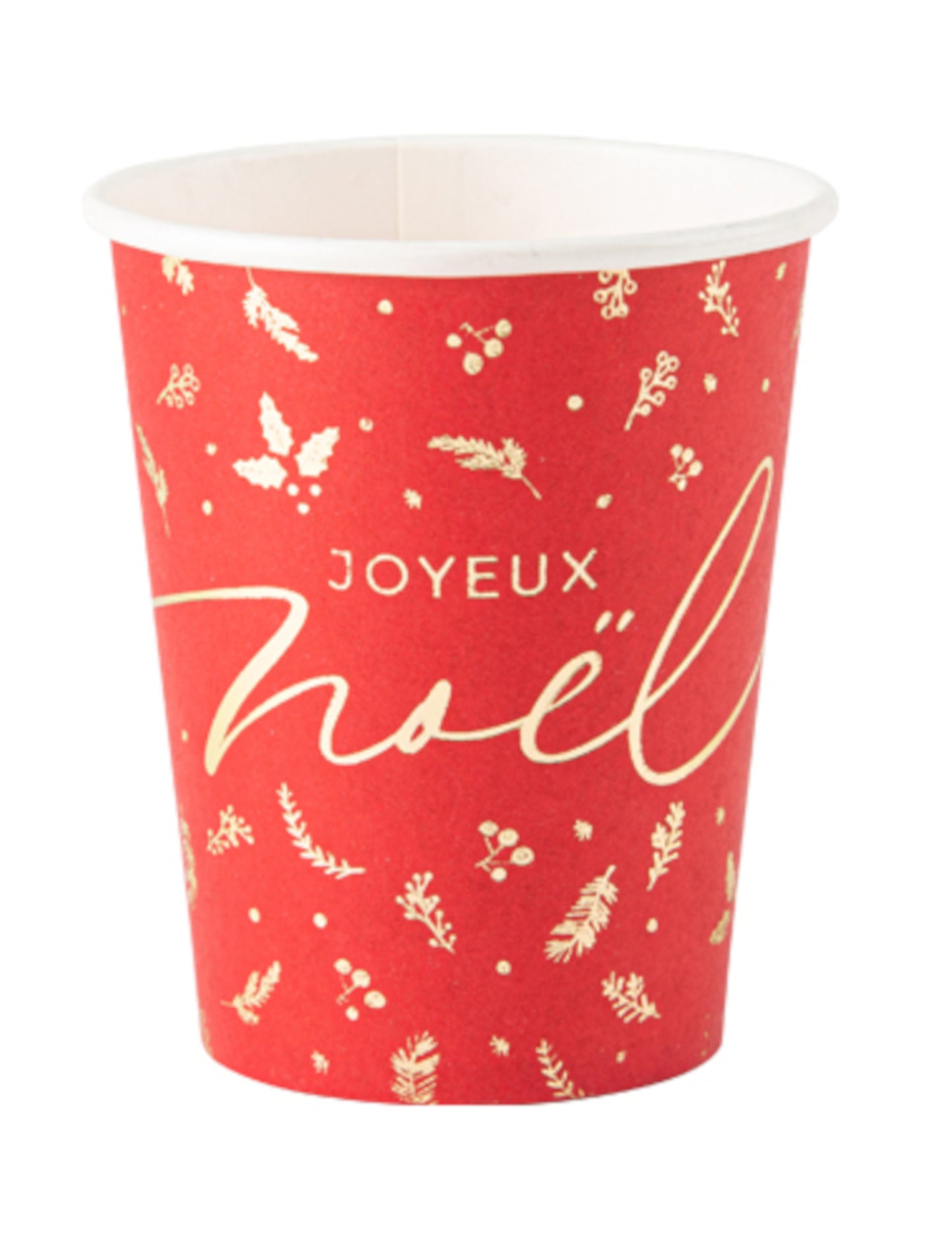 8 červených a zlatých vánočních kelímků Holly 255 ml v kartonu Veselé Vánoce