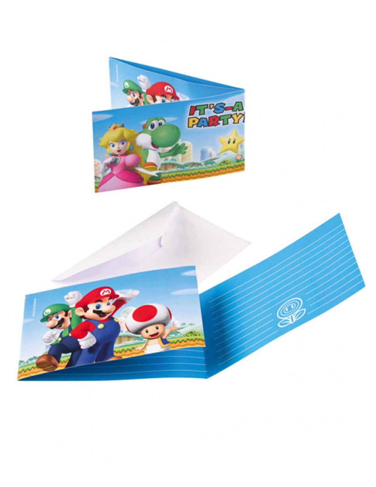 Pozvánky a obálky Super Mario pro dítě modré s postavami a bílými obálkami