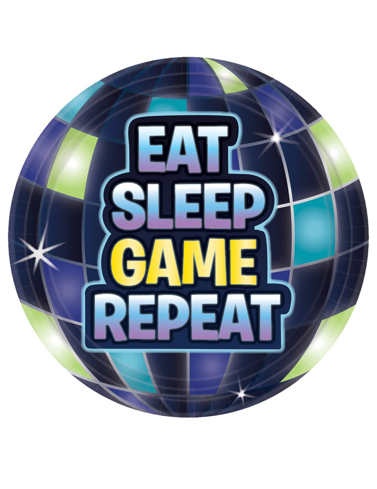 Malé papírové talíře Battle royale modré a zelené s nápisem Eat Sleep Game Repeat