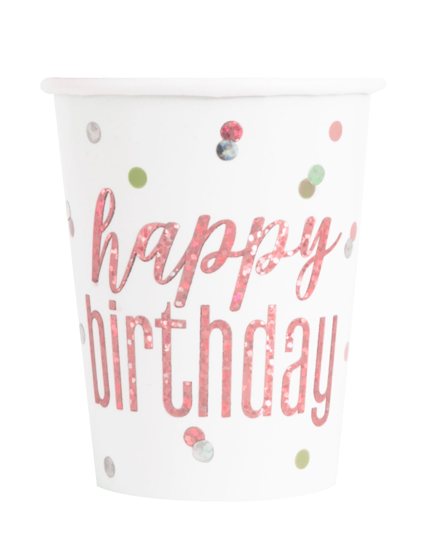 Gobelets en carton Happy Birthday pour anniversaire blancs et roses pailletés à pois