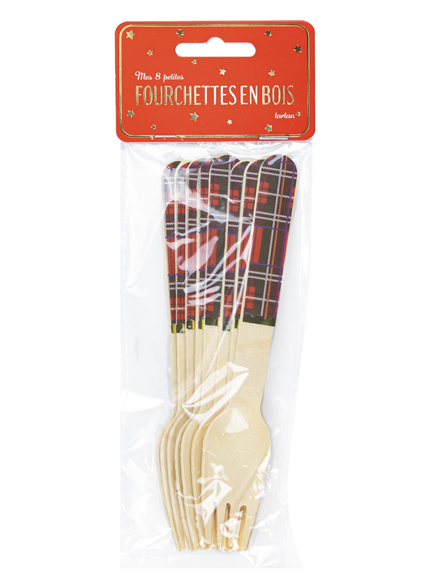 8 vánočních tartanových dřevěných vidliček 16 cm jednorázové