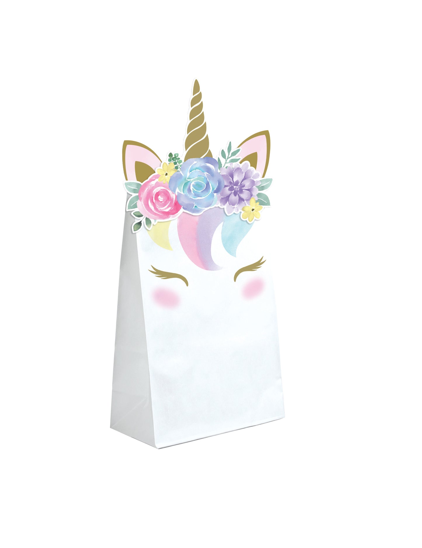 Sacs cadeaux en papier licorne féerique pour enfant blancs avec fleurs et corne dorée