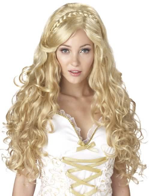 Kudrnatá paruka bohyně pro ženu blond s copánkem
