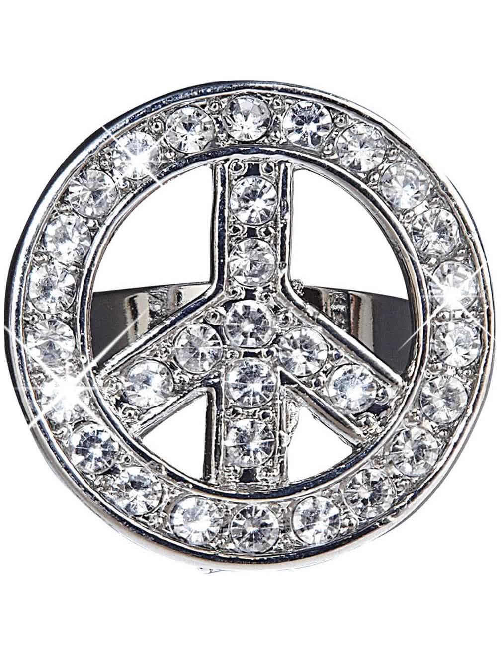 Stříbrný hippie prsten pro dospělý se třpytkami ve tvaru peace and love