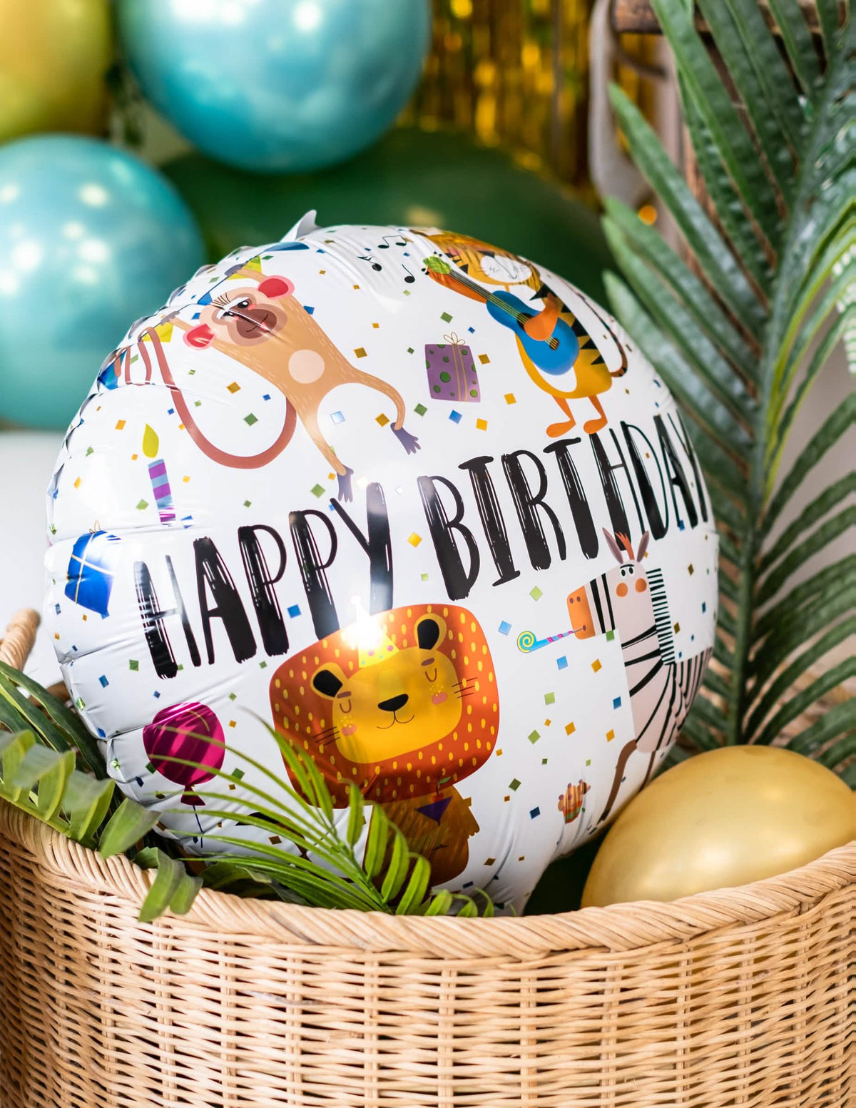 Detail na ilustrace fóliového balónku Happy Birthday zvířata
