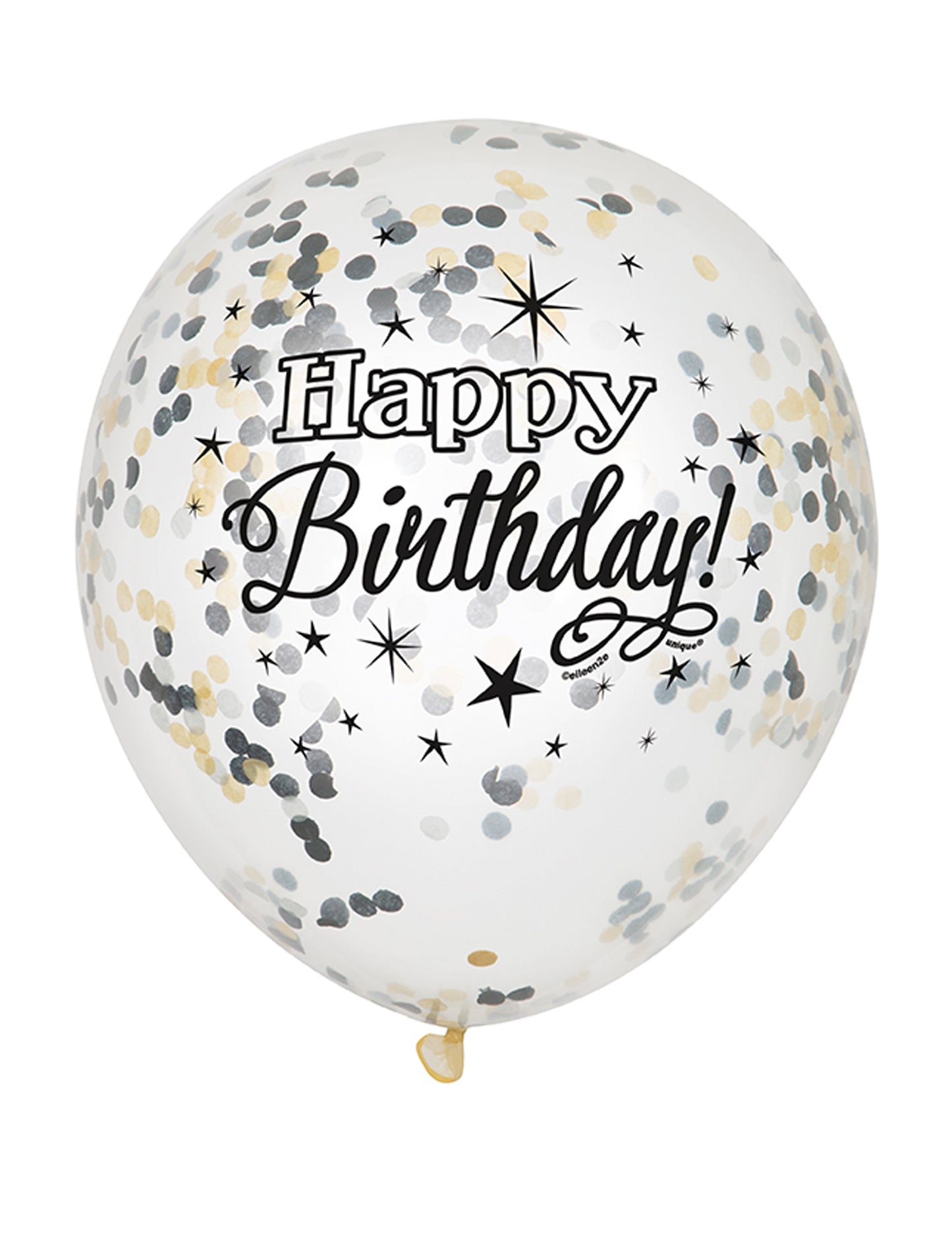 Ballon en latex Happy Birthday argent et or avec confettis