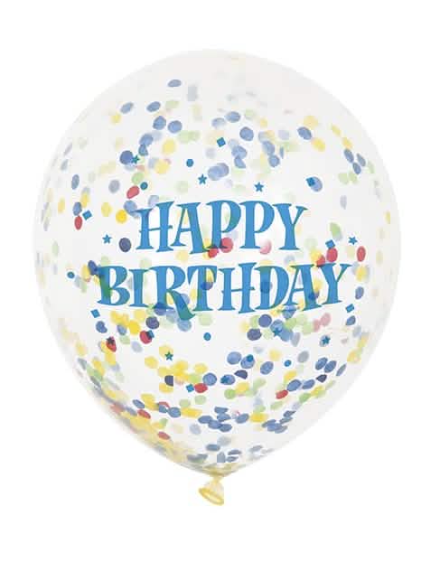 Detail modrého textu a konfet z latexových balónků Happy Birthday pro oslavu