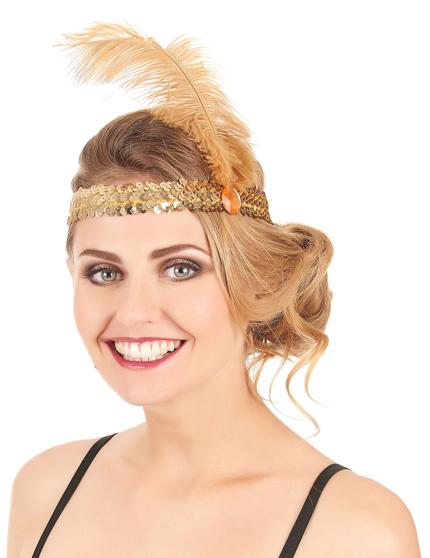 Dámská čelenka Charleston s flitry a zlatým peřím