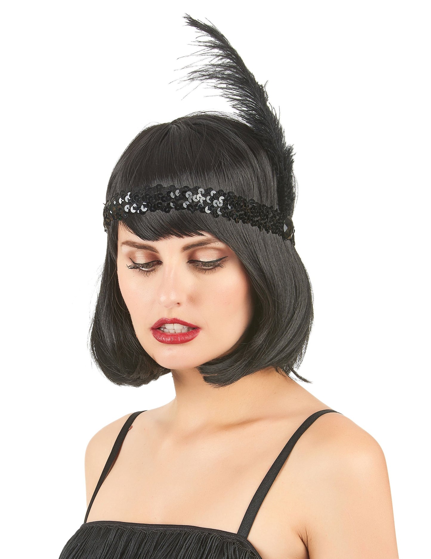 Dámská černá čelenka Charleston s flitry a peřím
