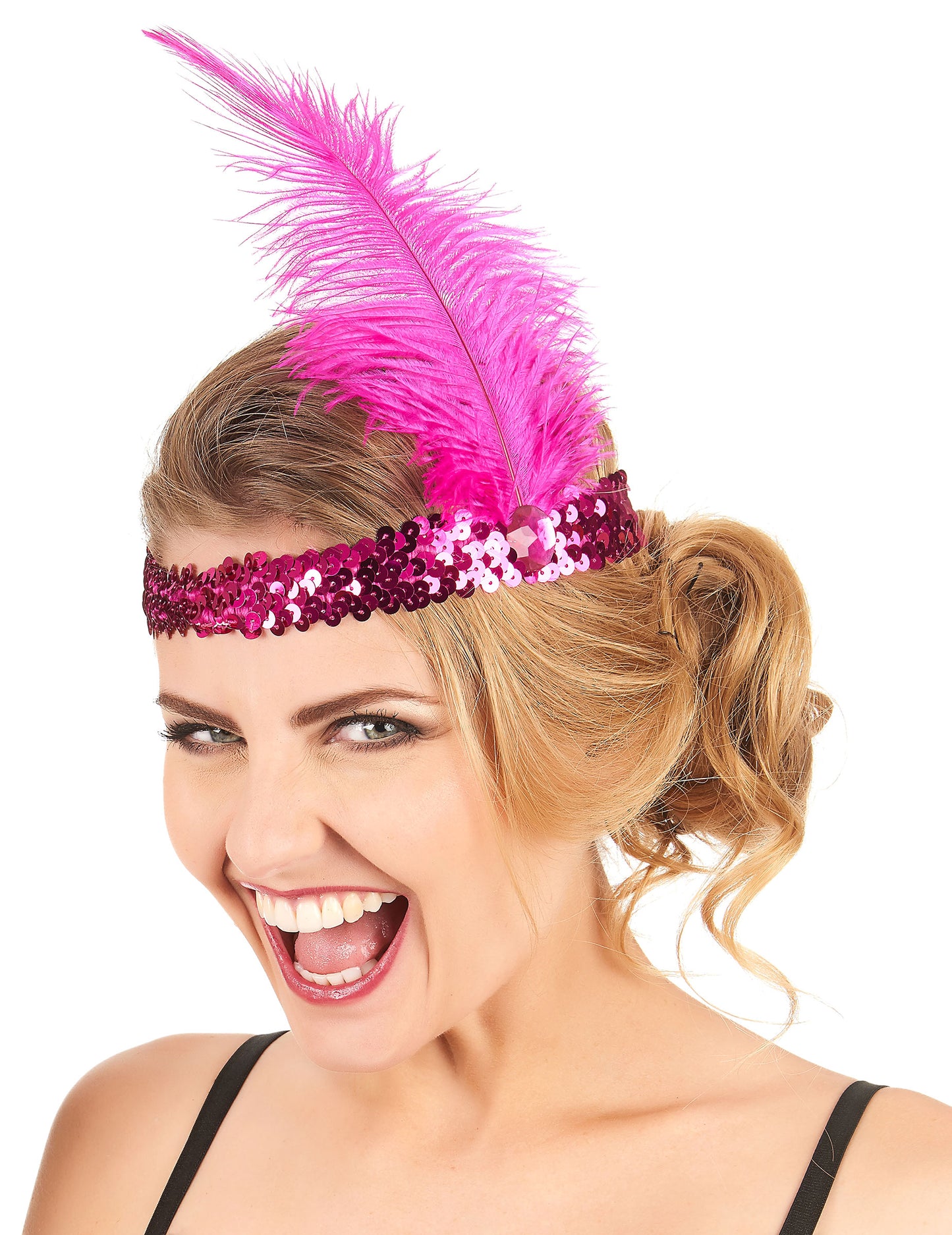 Dámská čelenka Charleston s flitry a fuchsiově růžovým peřím