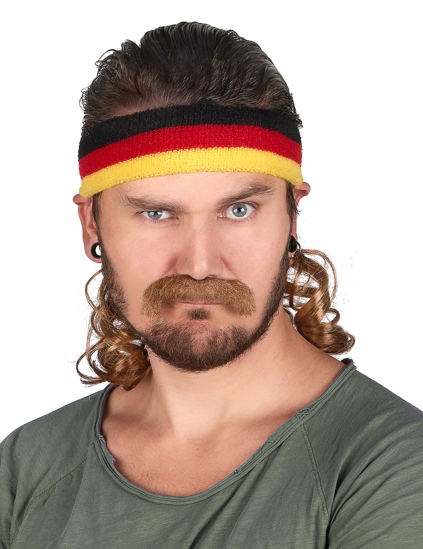 Černá, červenožlutá čelenka s knírem a motivem mulletu