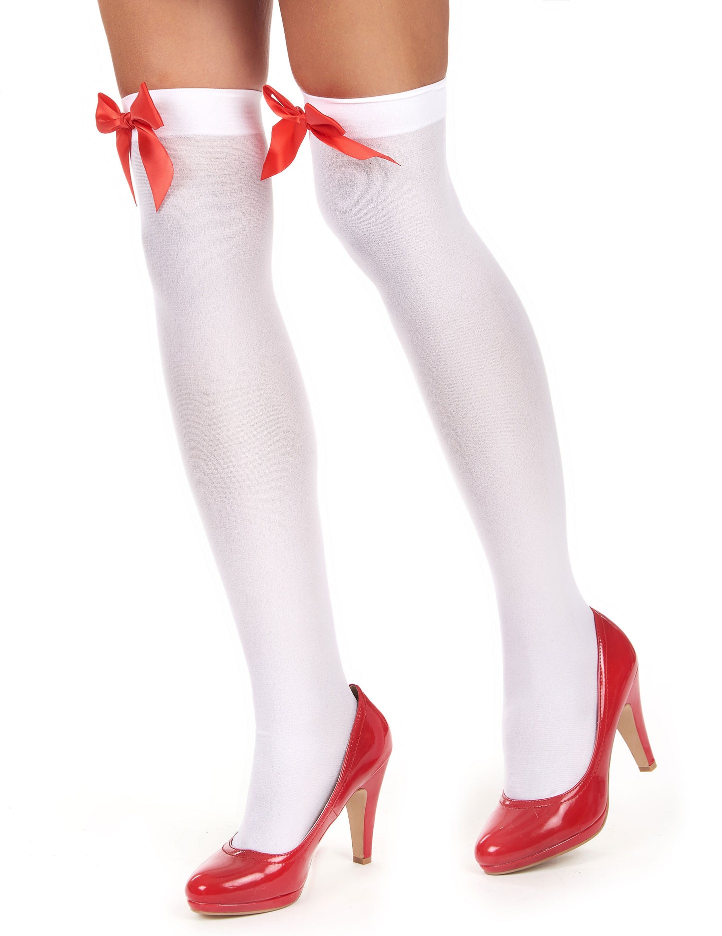 Dámské bílé punčochy s červenou mašlí