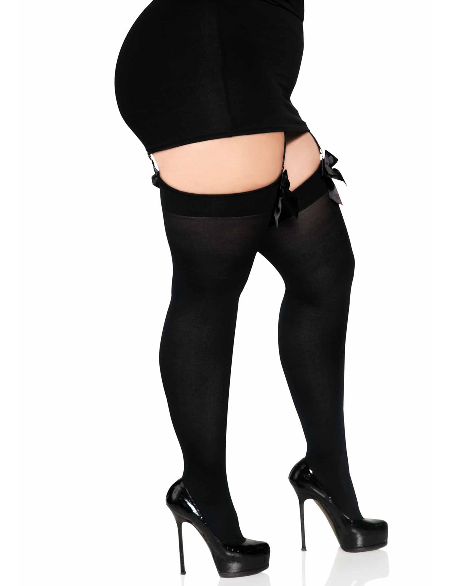 Dámské černé neprůhledné punčochy s mašlemi ve větších velikostech