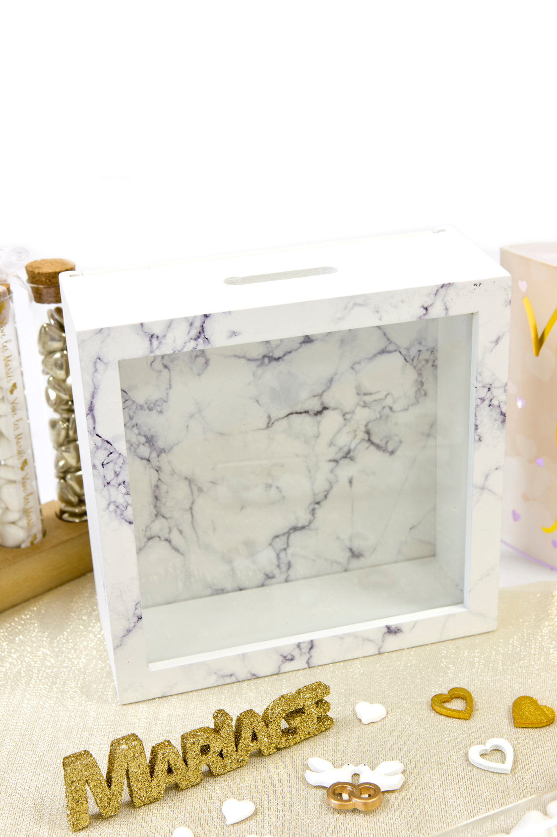 Dřevěná schránka na vzkazy s bílým mramorovým efektem 18 x 7 cm na svatbu