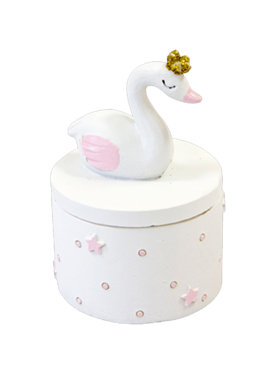 Boîte en résine cygne blanc rose et doré avec couronne pailletée