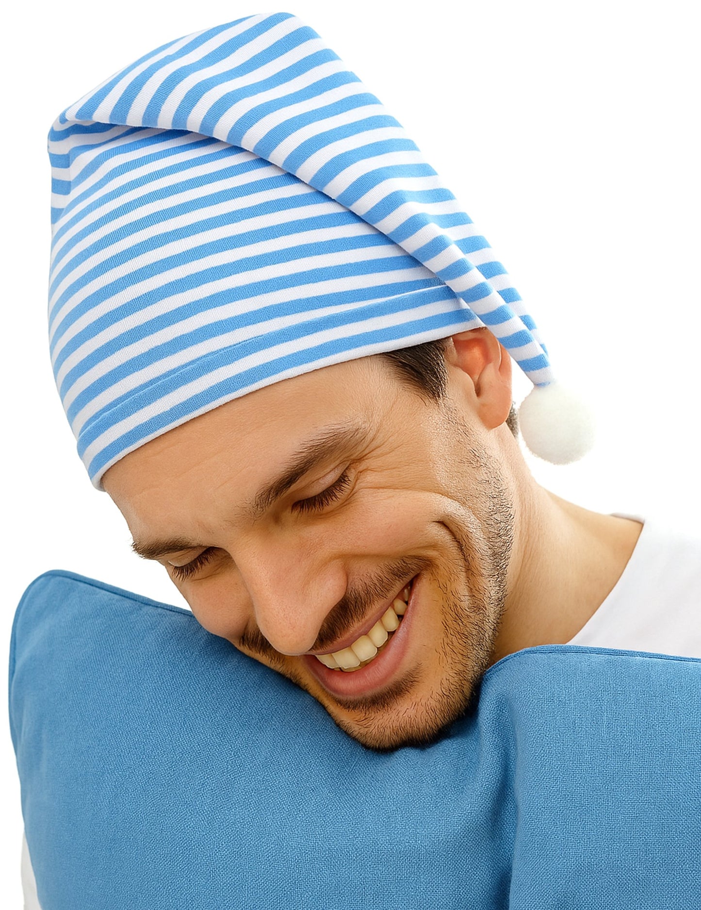 Modrý a bílý klobouk s dospělým pompomem