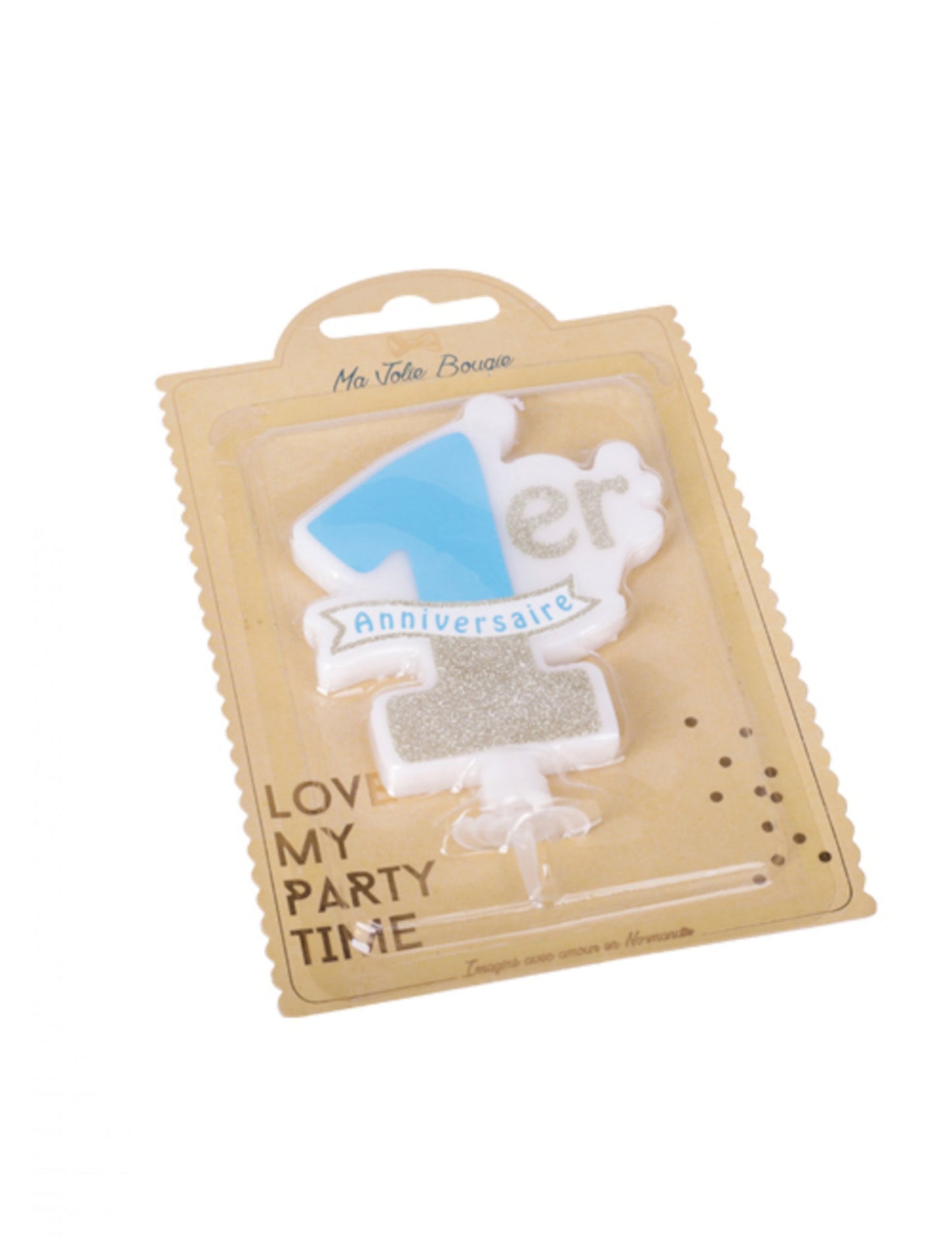 Modrá a zlatá svíčka k prvním narozeninám 10 x 8 cm flitrované