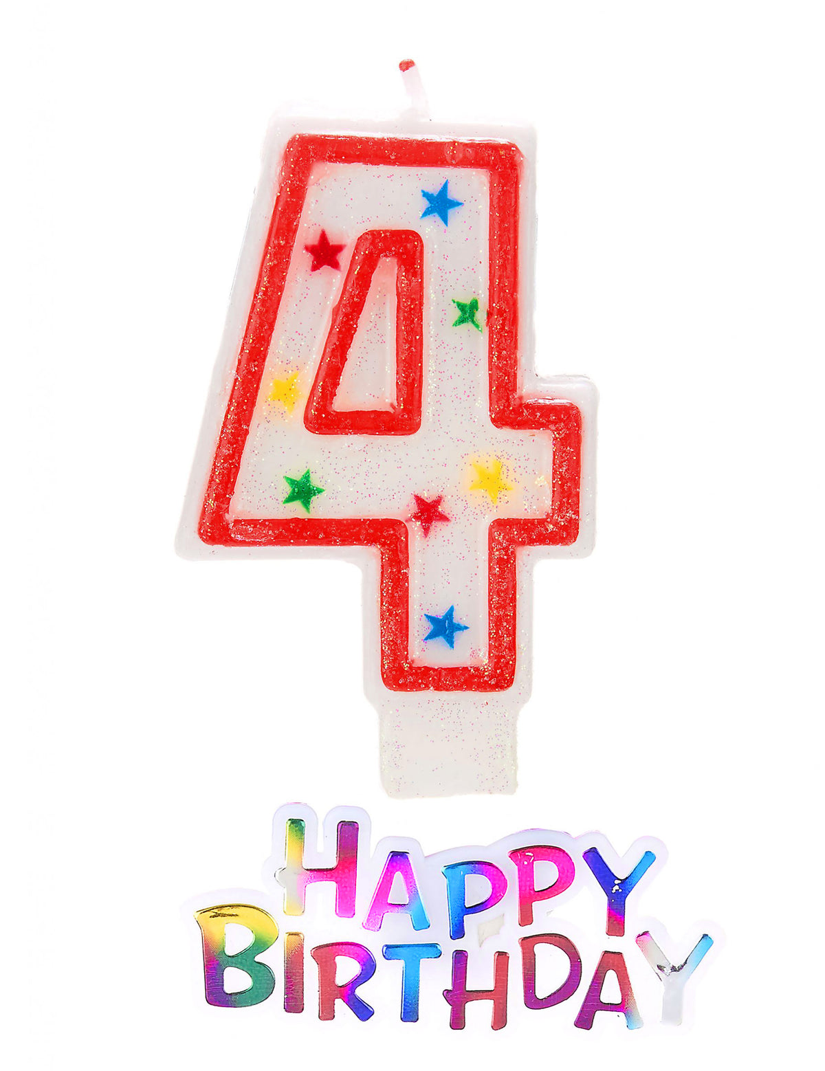 Svíčka ve tvaru čísla 4 s hvězdičkami a třpytkami happy birthday k narozeninám bílá s červeným okrajem