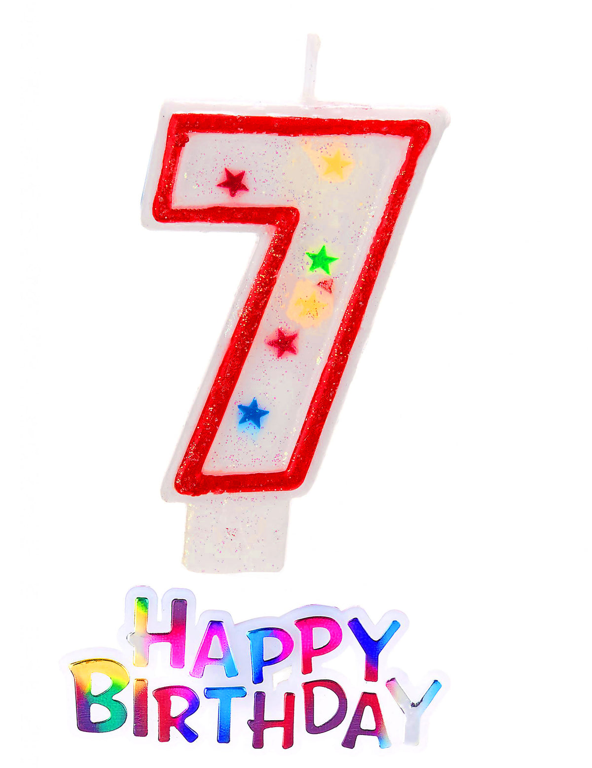 Svíčka s číslem 7 a hvězdičkami na narozeniny v bílé a červené s dekorací happy birthday