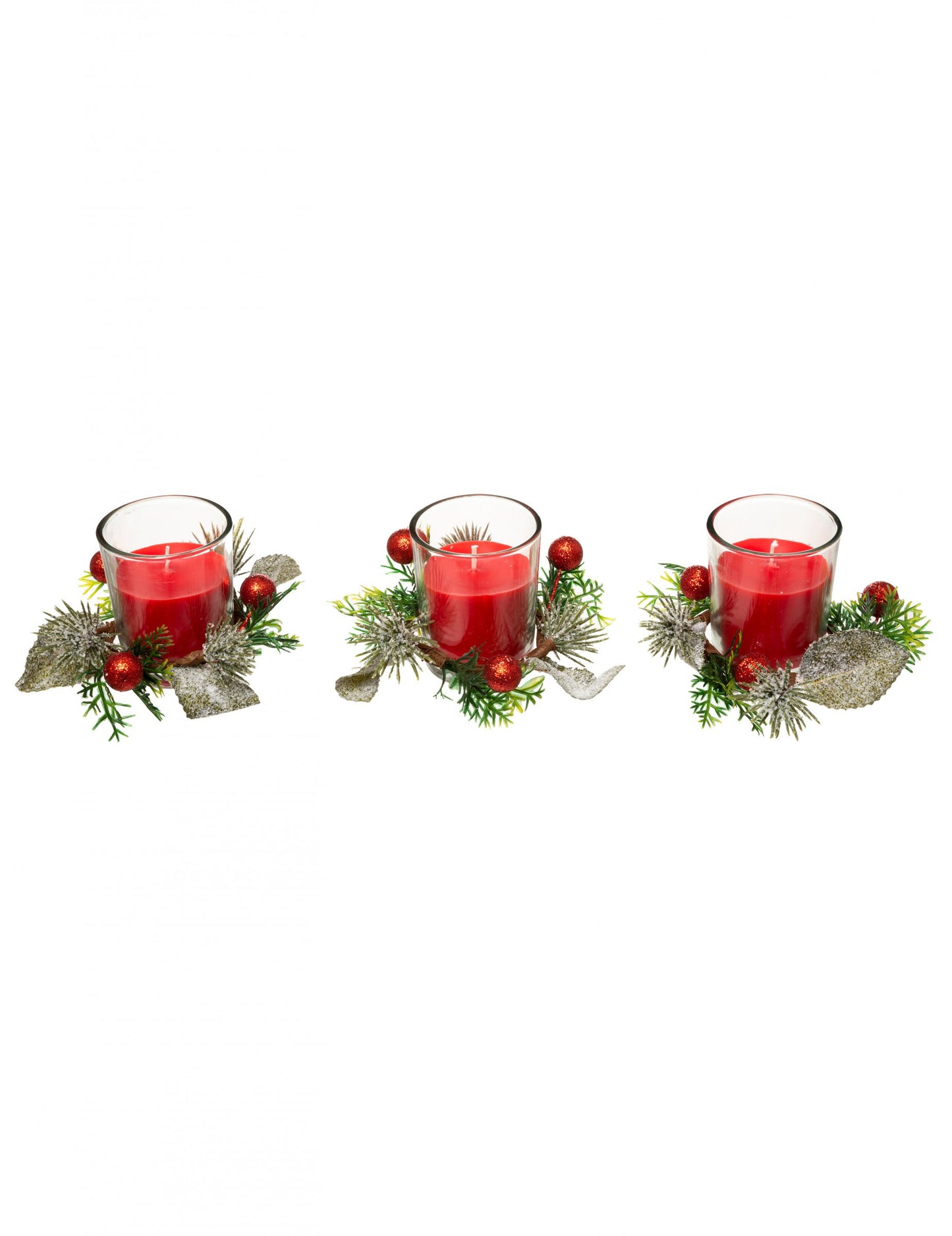 3 červené svíčky s jedlí a bobulemi 6 cm ve svícnu na čajovou svíčku