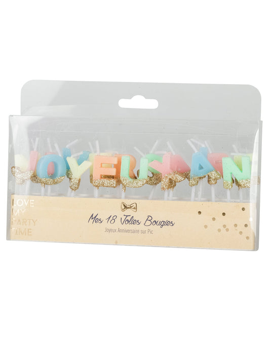 Vue de l'emballage des bougies Joyeux anniversaire pour gâteau multicolores et paillettes or