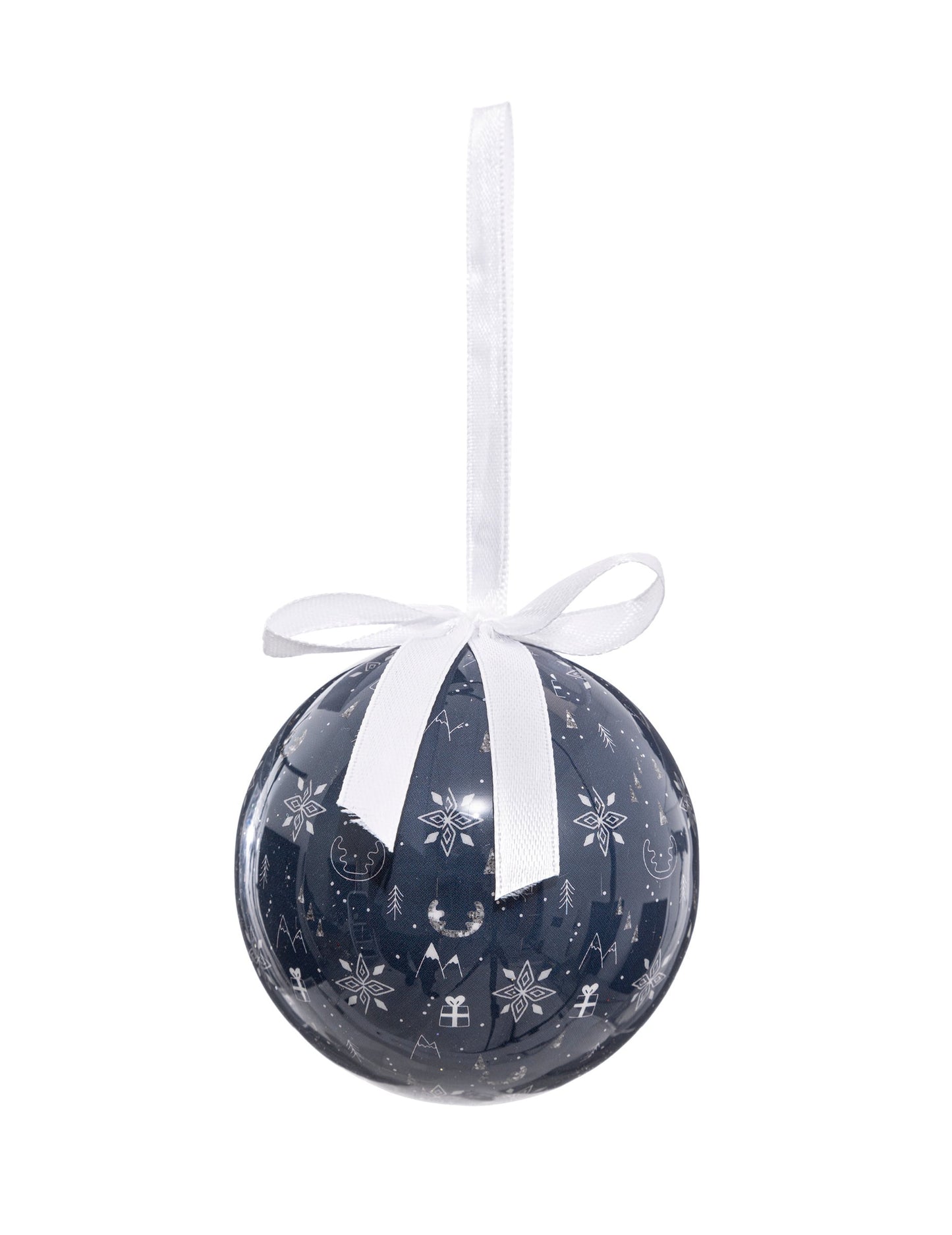 Boule de neige avec flocons pour sapin bleu avec ruban blanc