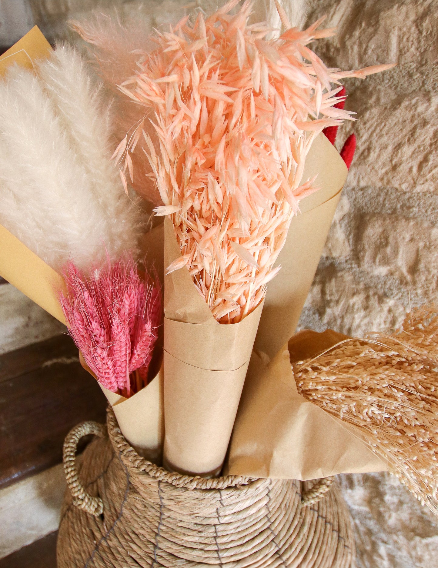 Svazek růžových sušených ovsa 100g 73 cm bohémská výzdoba