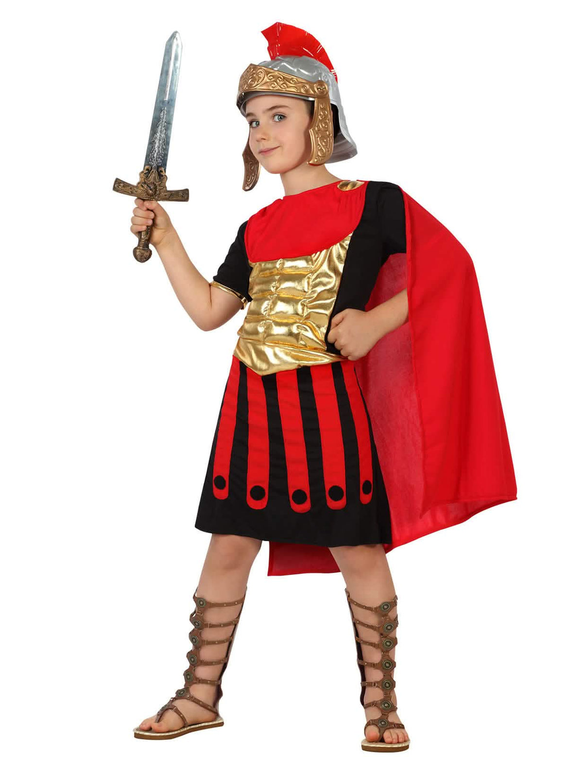 Římský kostým centuriona pro dítě červená, černá a zlatá s pláštěm a helmou