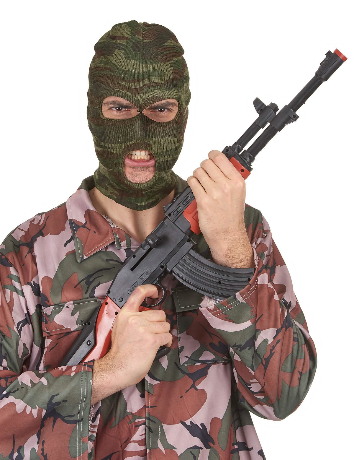 Zobrazení s replikou pušky u maskovací kukly pro dospělý