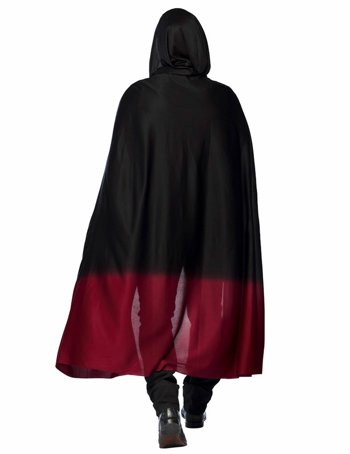 Pohled zezadu na černý halloween plášť pro dospělého s červenou barevnou přechodem