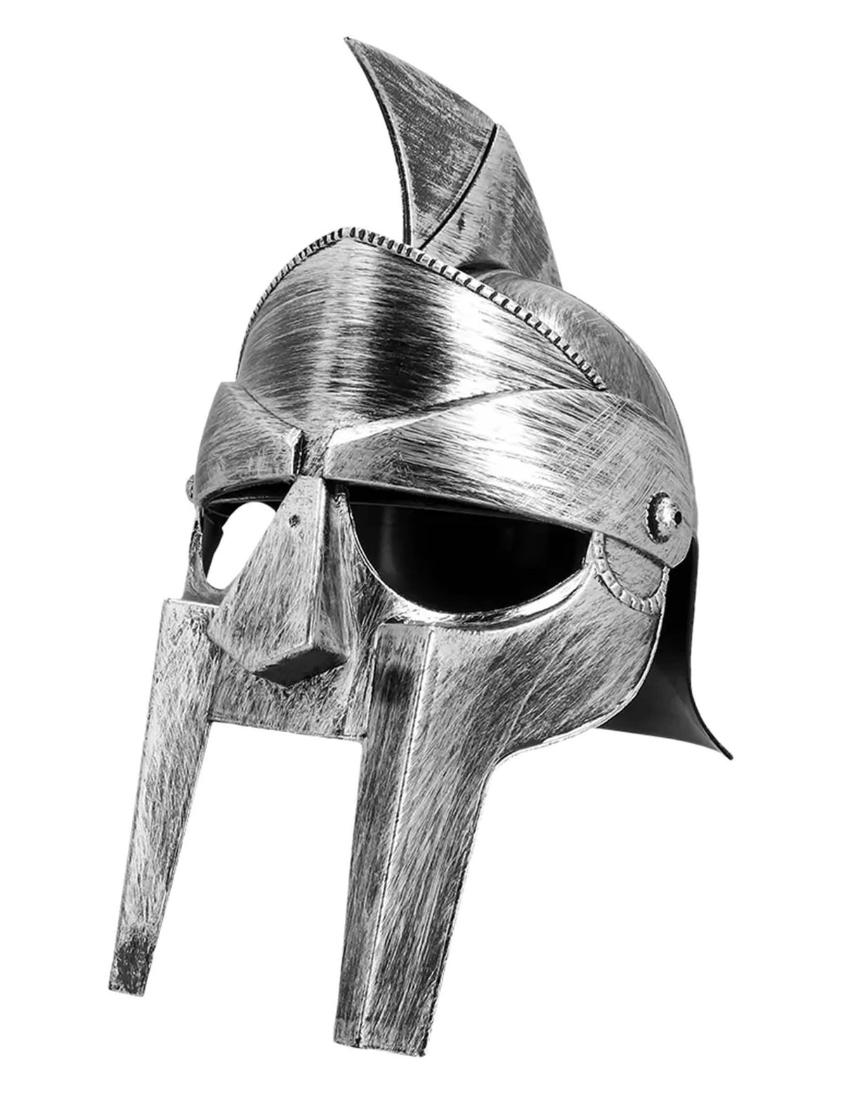 Pohled na gladiátorskou helmici s brněním z tříčtvrtin zepředu