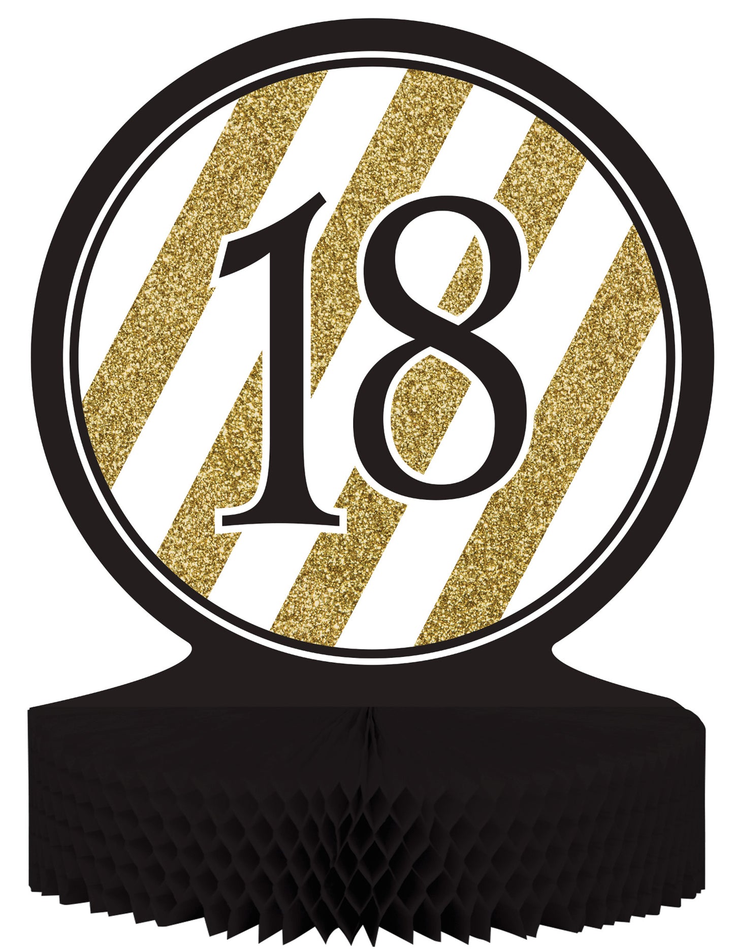 Papírová dekorace na stůl k 18. narozeninám v černé a zlaté barvě s voštinou, 23 x 30 cm