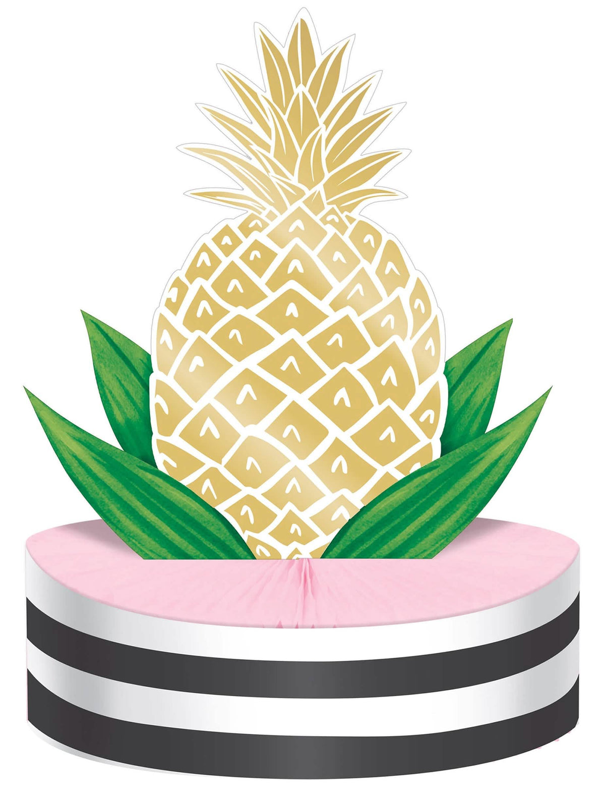 Středový dekorace z kartonu ve tvaru zlatá ananas na růžová oslavu, voštinová s černými pruhy