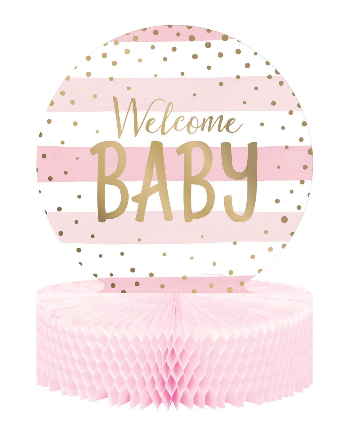 Středový dekorace z voštinového papíru Welcome Baby pro baby shower růžová a bílá s zlatými puntíky