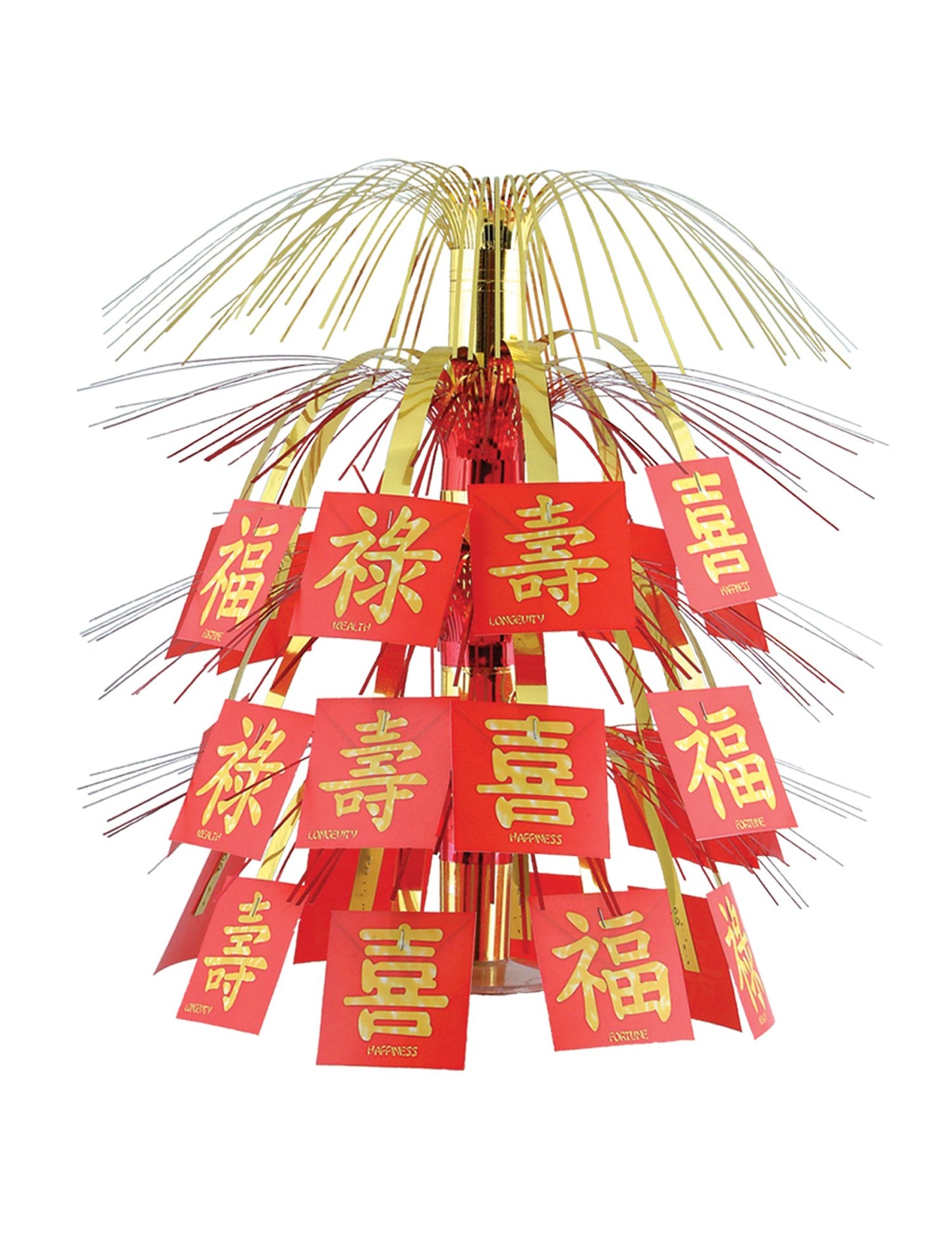 Červený a zlatý středový ubrus na čínský nový rok se symboly štěstí