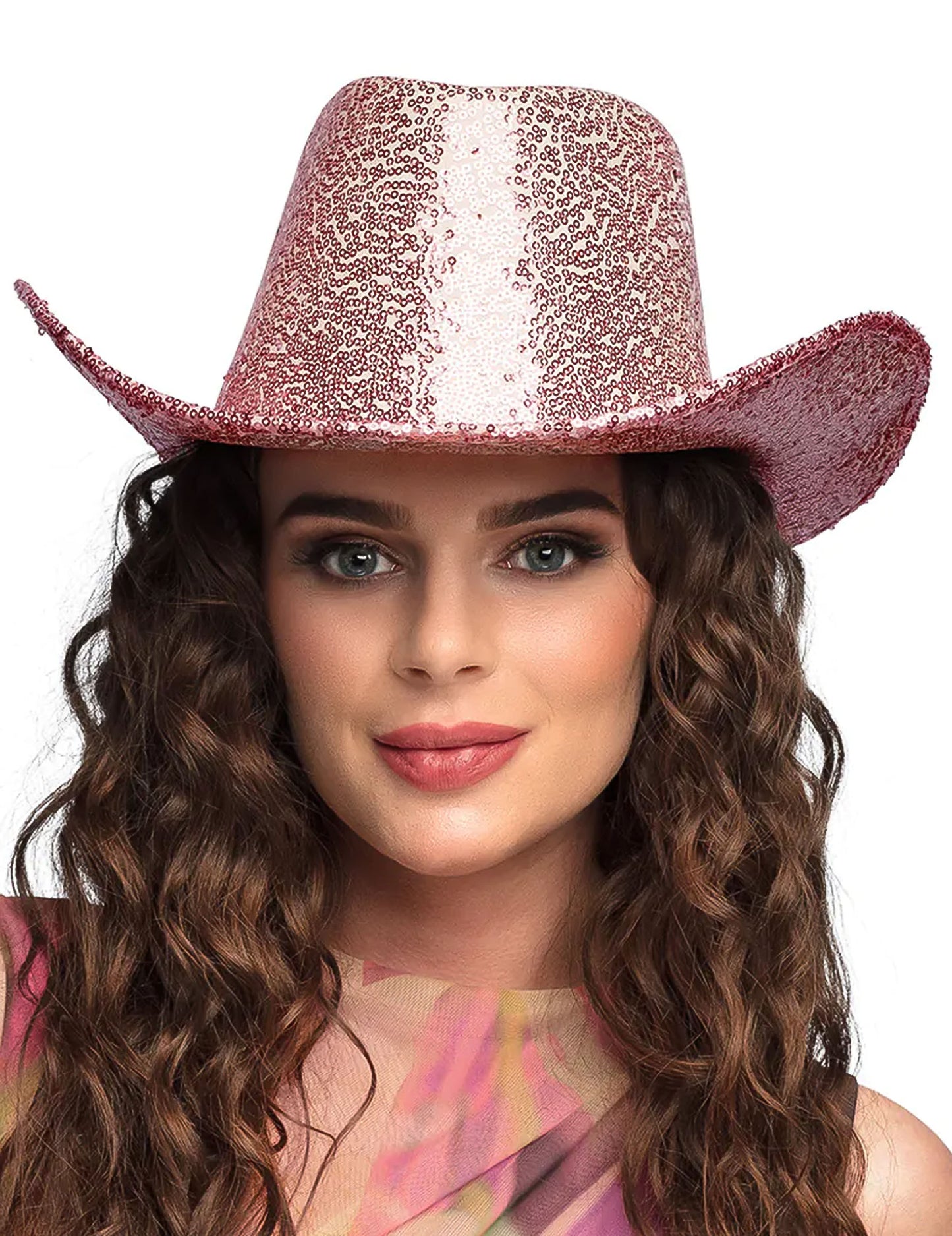 Kovbojský klobouk s flitry pro dospělé světle růžové barvy