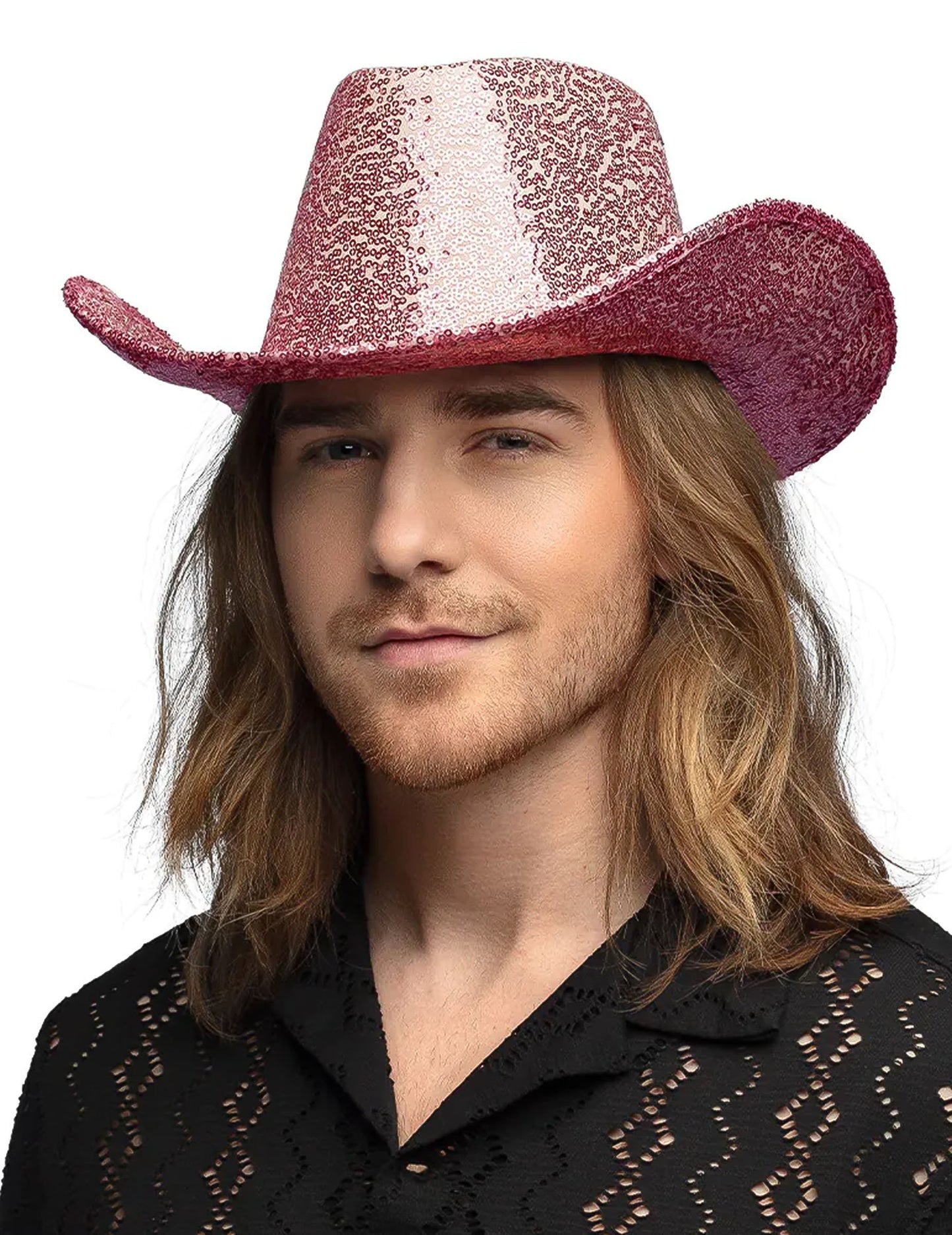 Kovbojský klobouk s flitry pro dospělé světle růžové barvy