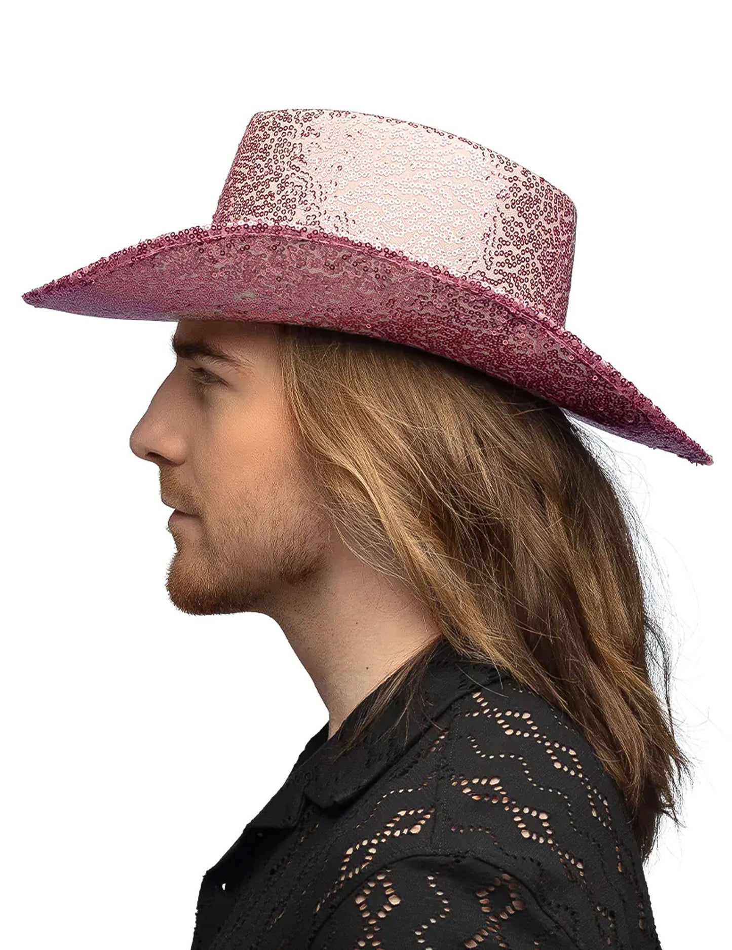 Kovbojský klobouk s flitry pro dospělé světle růžové barvy